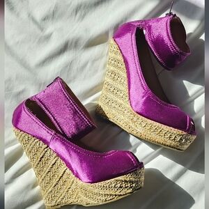 Privileged Purple Satin Open Toe Wedges